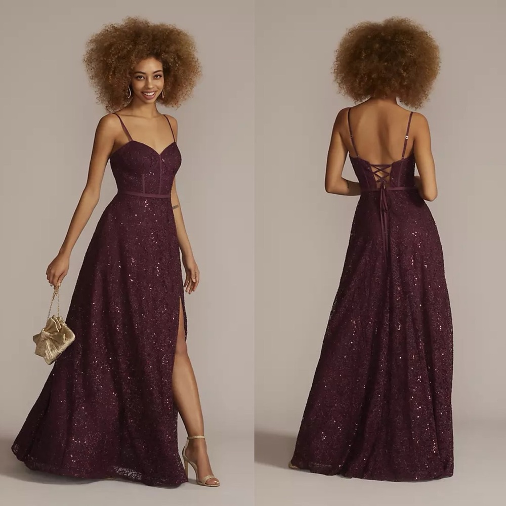 NEW David’s Bridal Jules and Cleo Sparkle Lace Dress with Corset Bodice Wine Red - Picture 12 of 12